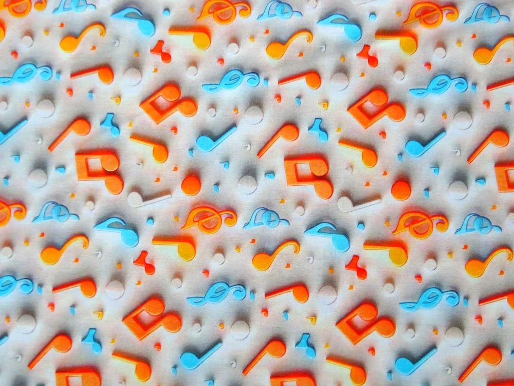 Bavlna maslovo-sivá "noty" - 3D 