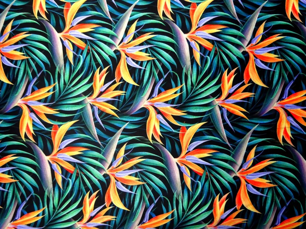 Satén čierny "farebné listy" - potlač na Slovensku 