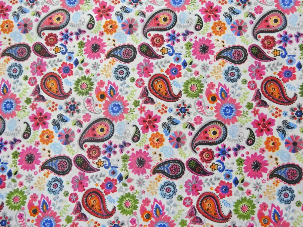 Bavlna biela "kvety, kašmírový vzor" 