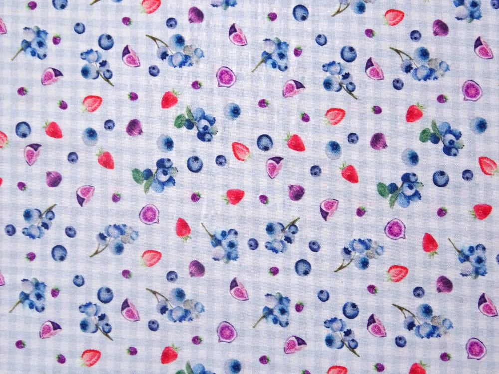 Popelín bielo-modrý "ovocie, káro" - Taliansko 