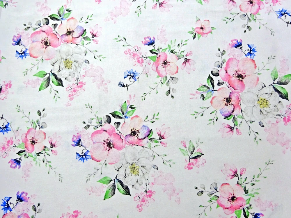 Bavlna biela "ružové kvety" 
