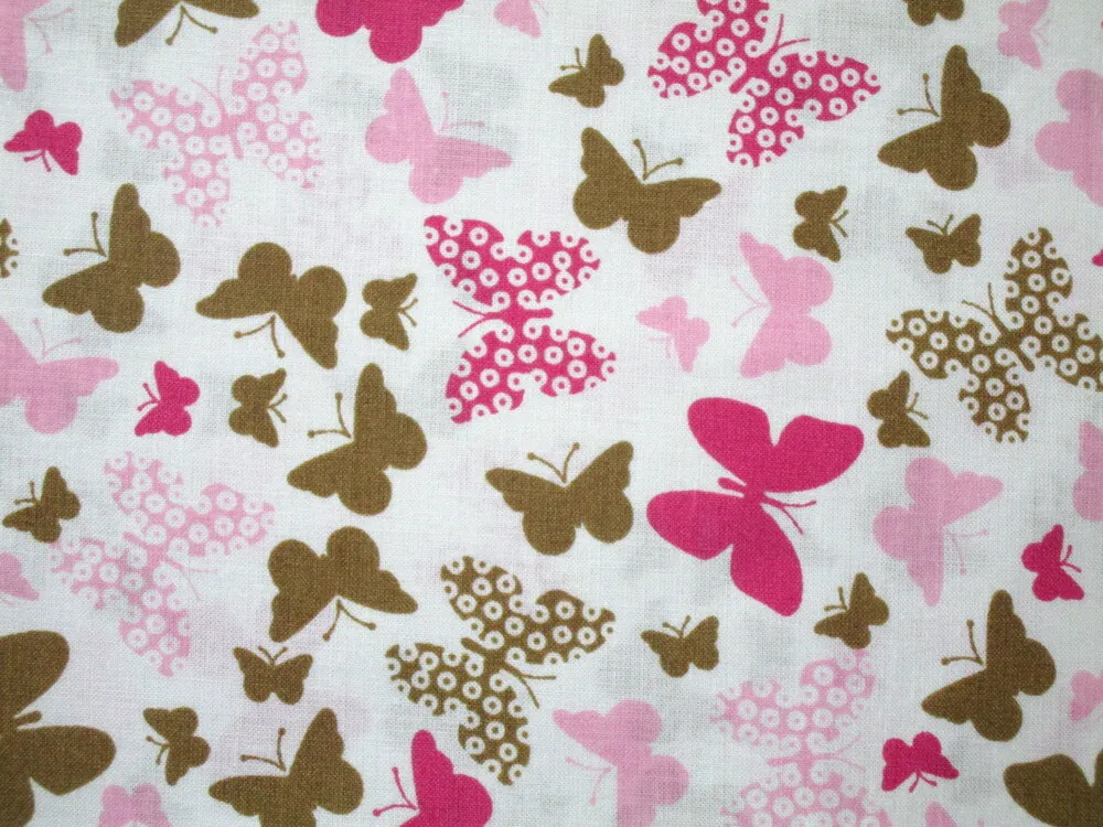 Bavlna biela "ružový a hnedý motýľ"