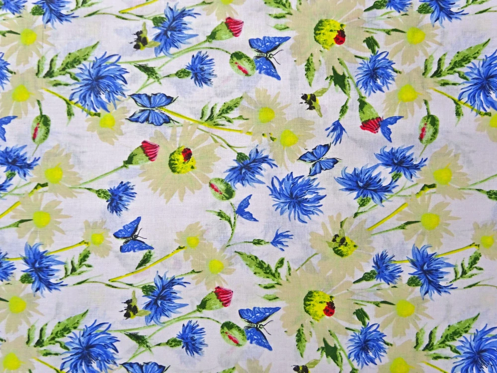 Bavlna biela "modré kvety" 