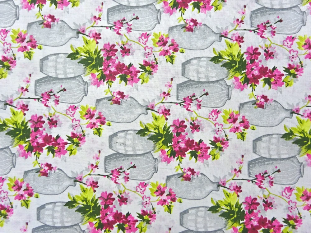 Bavlna biela "váza s ružovými kvetmi" 