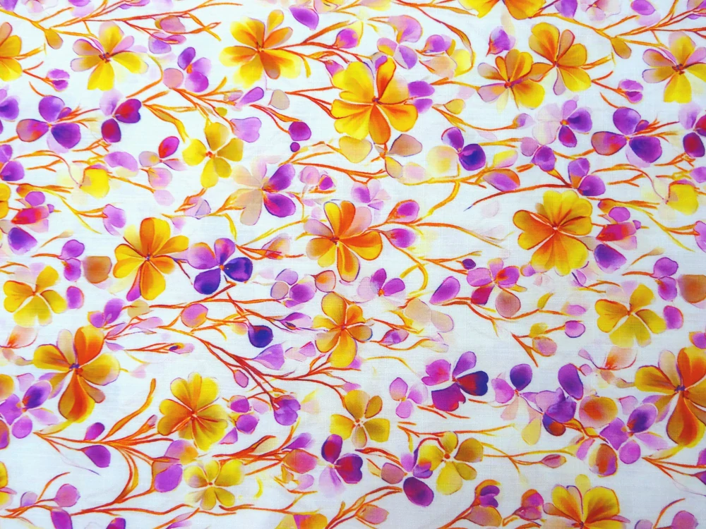 Šatovka prírodná biela "žlté a ružovo-fialové kvety" 