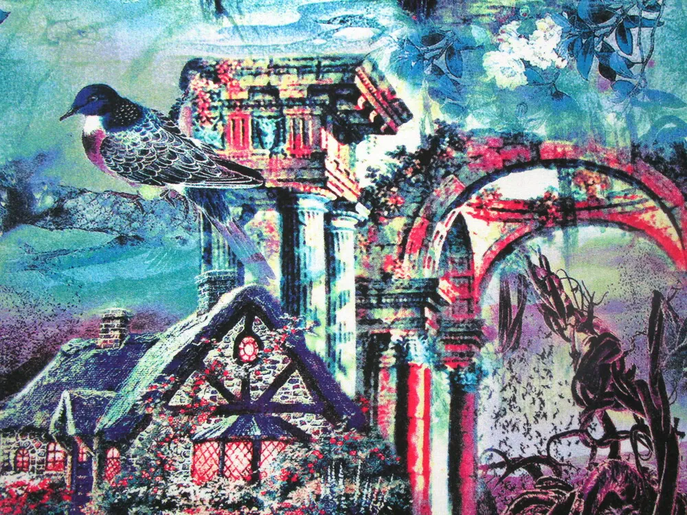 Úplet zeleno-fialovo-modrý "vták, stromy, domy"