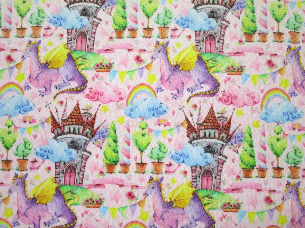 Teplákovina počesaná ružová "drak, zámok"