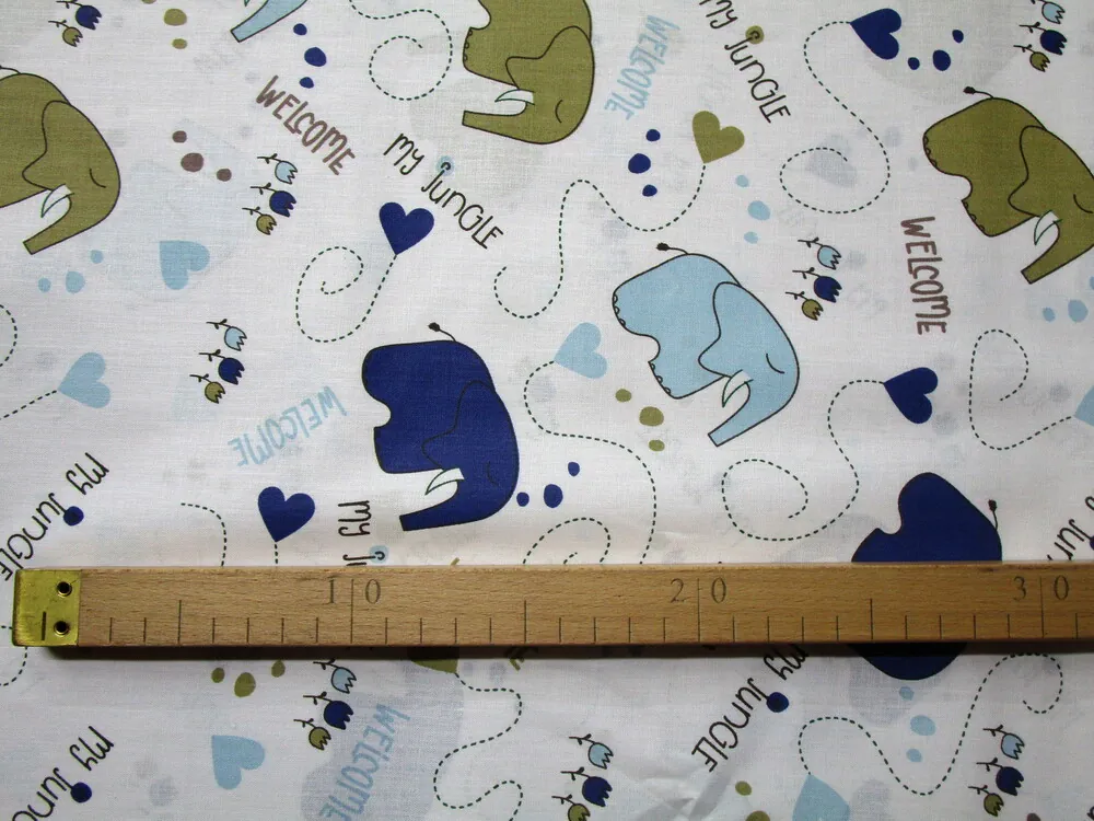 Bavlna biela "modrý a olivový sloník" 