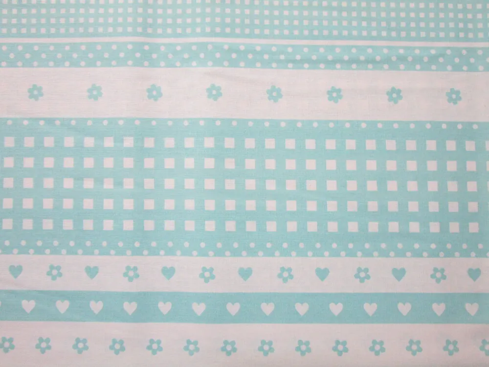 Bavlna bielo-mintová "srdiečko, kvety"