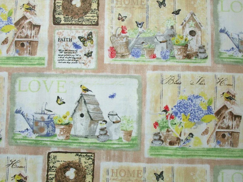 Bavlna bielo-béžová "vtáčia búdka, kvetináče"