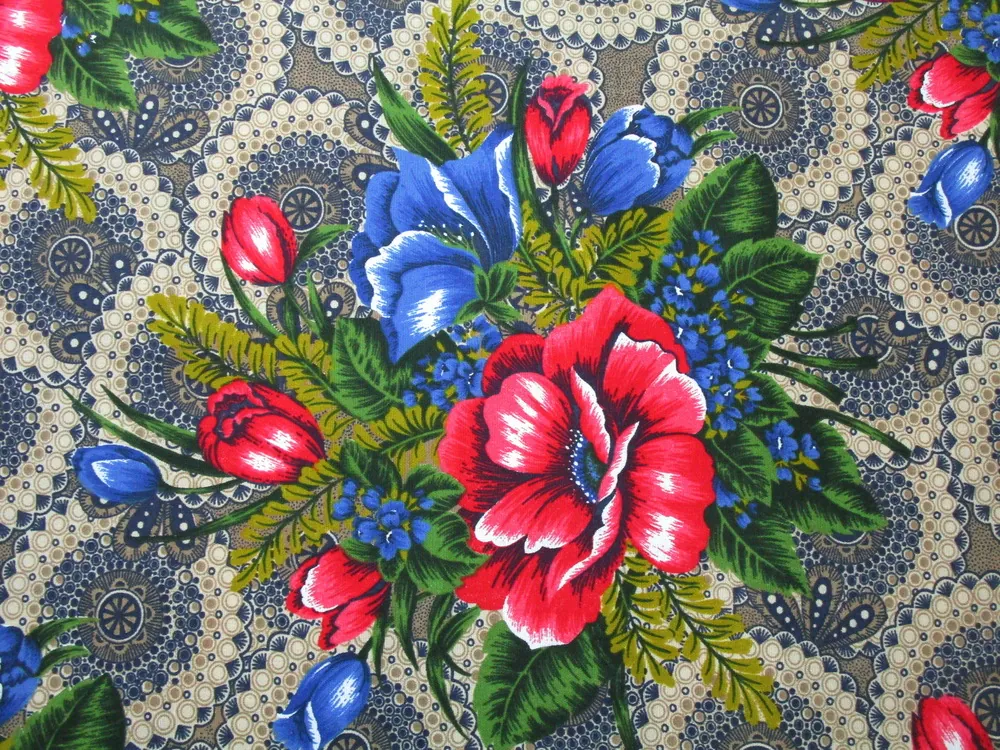 Bavlna béžová "červeno-modrá kytica"