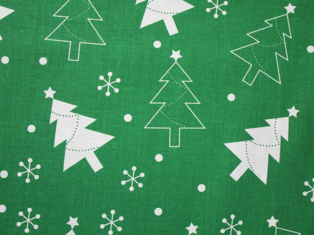 Bavlna zelená "biele stromčeky, vločky, bodky"