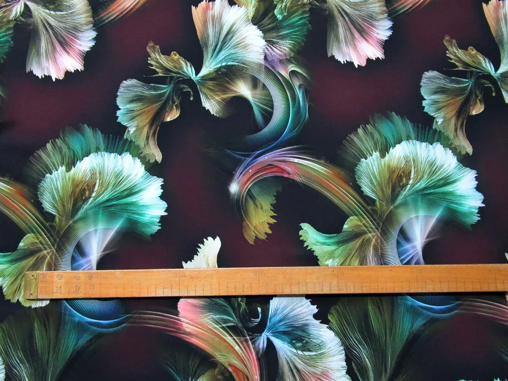 Hodváb bordovo-čierny "listy" - digitálny tisk - zbytok