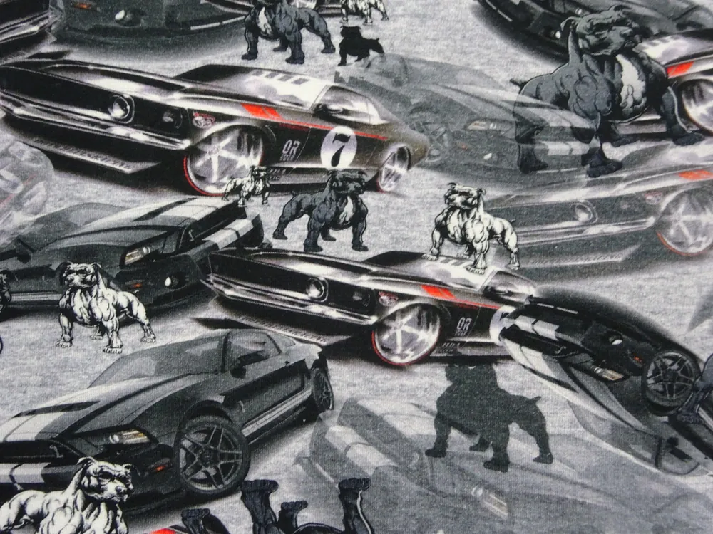 Úplet sivý "buldog, autá" - digitálna tlač