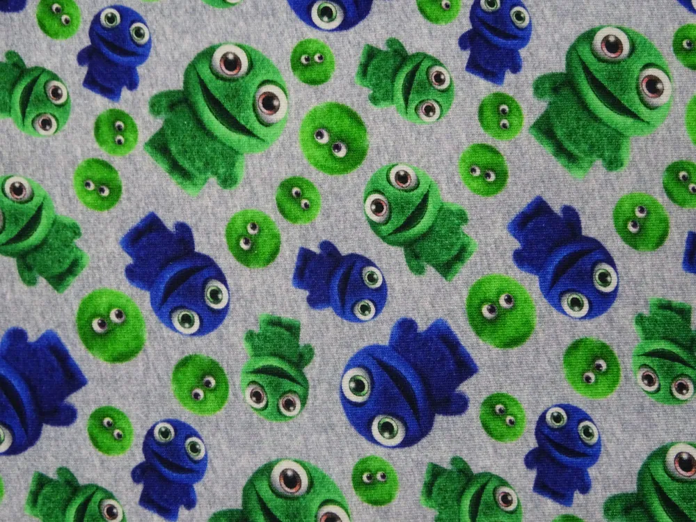 Úplet sivý melír "zelené a modré postavičky" - digitálny tisk