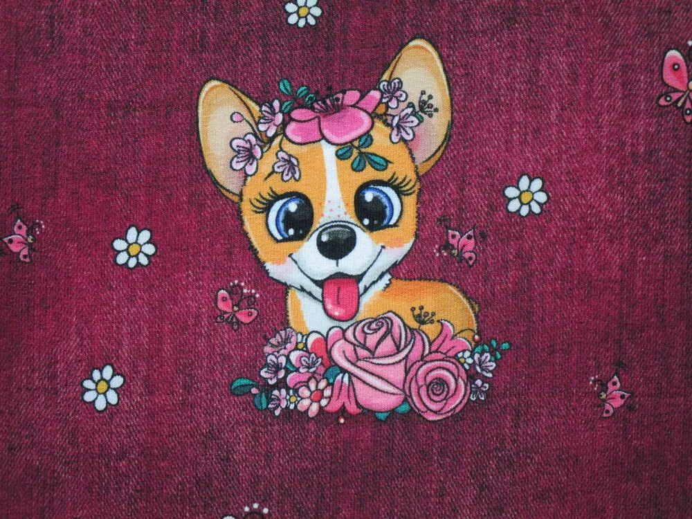 Teplákovina bordó denim "psík s kvetinami" 