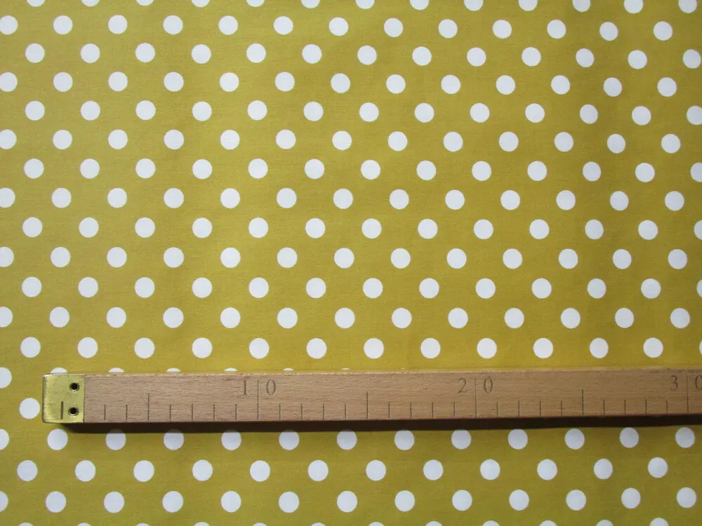 Satén bavlnený horčicový "biela bodka"