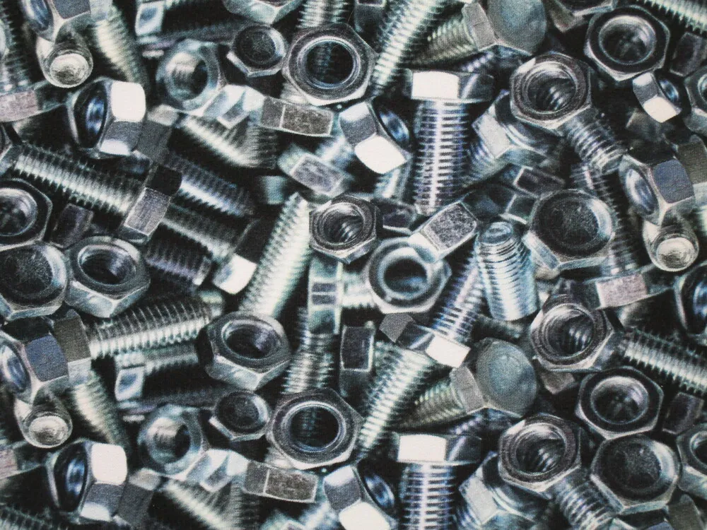 Teplákovina čierna "3D sivo-modré skrutky a matice"