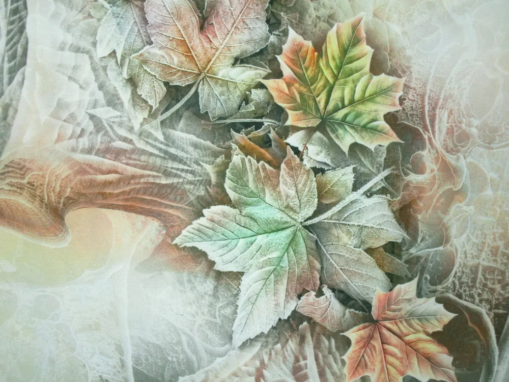 Hodváb maslovo-zelený "listy" 