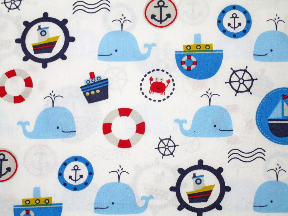 Bavlna biela "veľryba, námornícky motív"