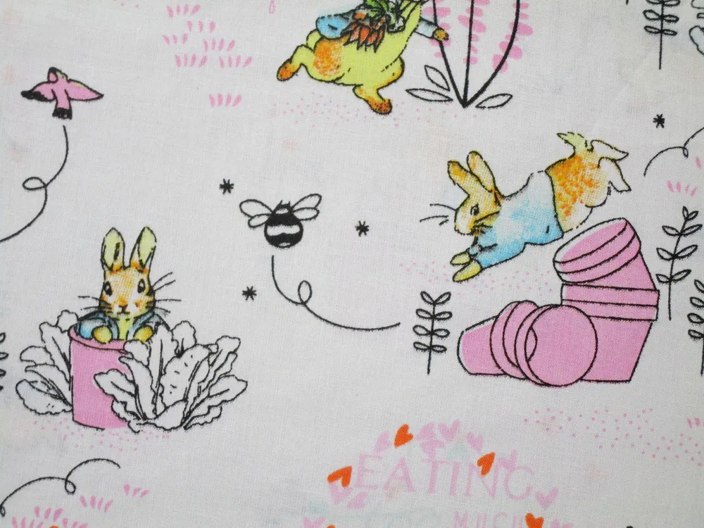 Bavlna biela "zajko v kabátiku, ružový črepník"