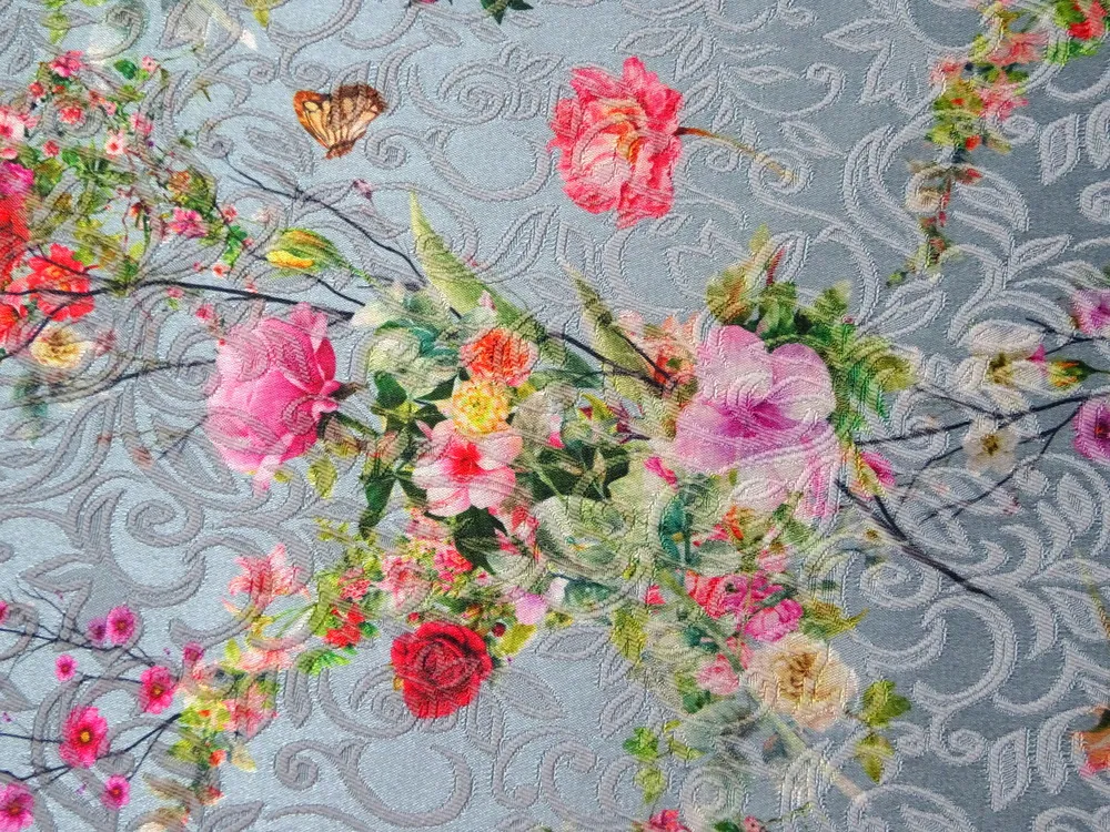 Žakard sivo-modrý "kvety, plastický vzor" 