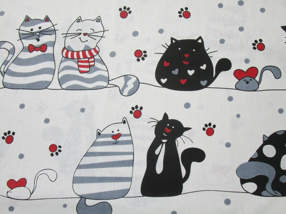 Bavlna biela "mačičky, bodky, ťapky"