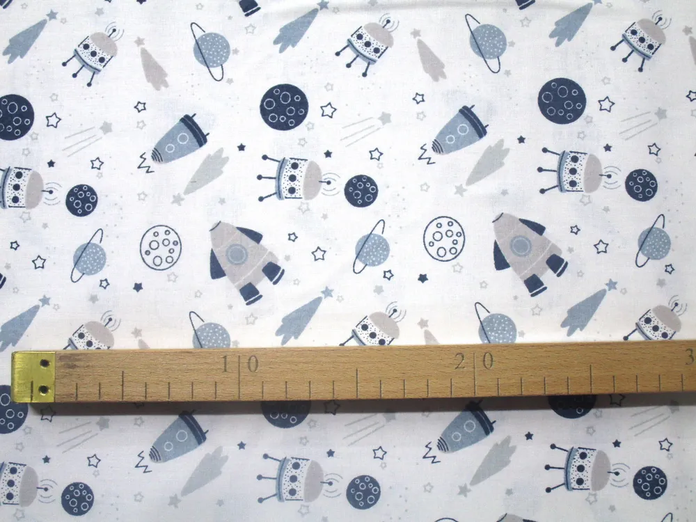 Bavlna biela "sivo-modrý vesmírny motív"