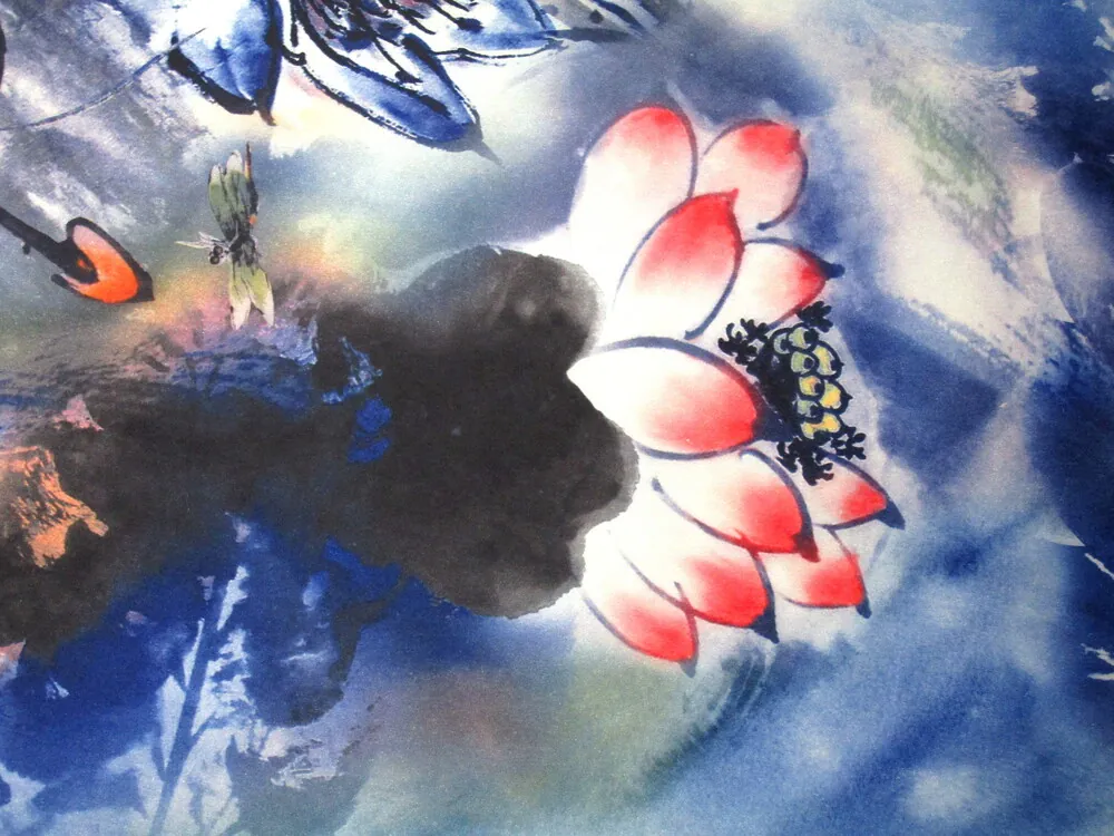 Satén polomat modrý "kvety, vážky"