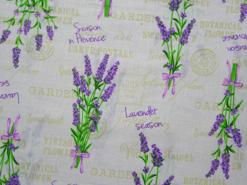 Bavlna smotanová "levanduľa, nápisy" 