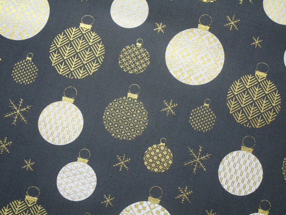 Bavlna tmavosivá "bielo-zlaté vianočné gule"