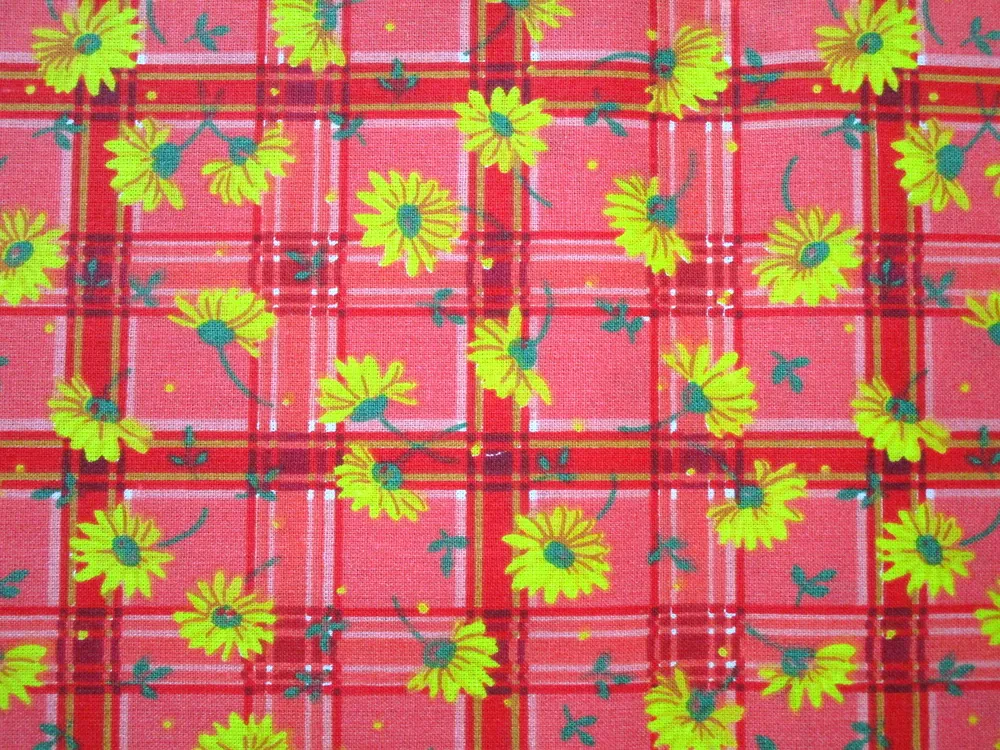 Bavlna červená "žlté kvety, káro" 