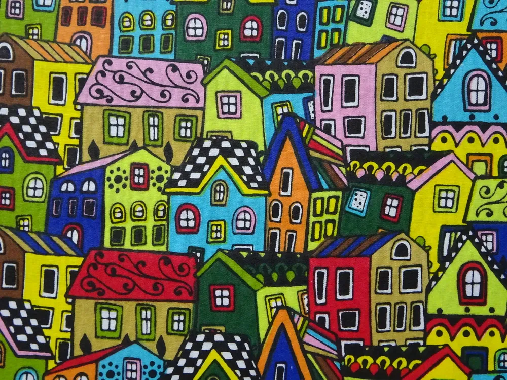 Bavlna čierna "farebné domčeky" 