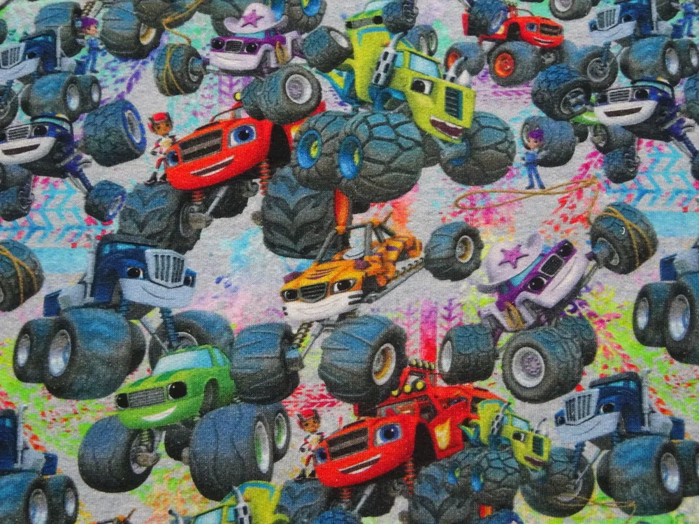 Teplákovina sivá "farebné rozprávkové autá" - digitálna tlač