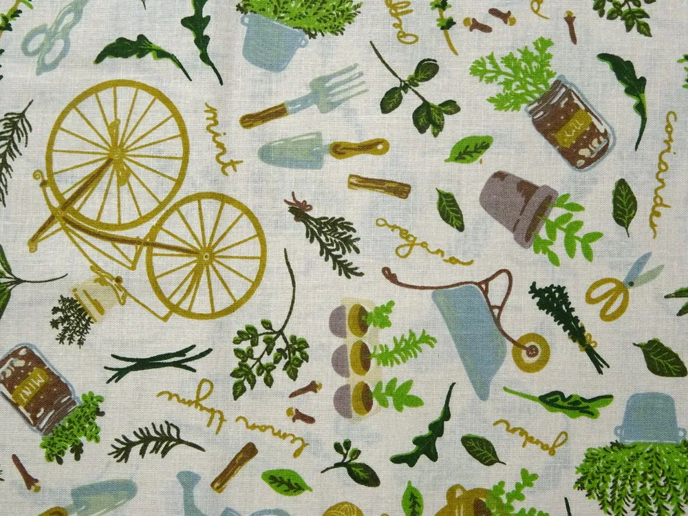 Bavlna svetlobéžová "bicykel, bylinky"