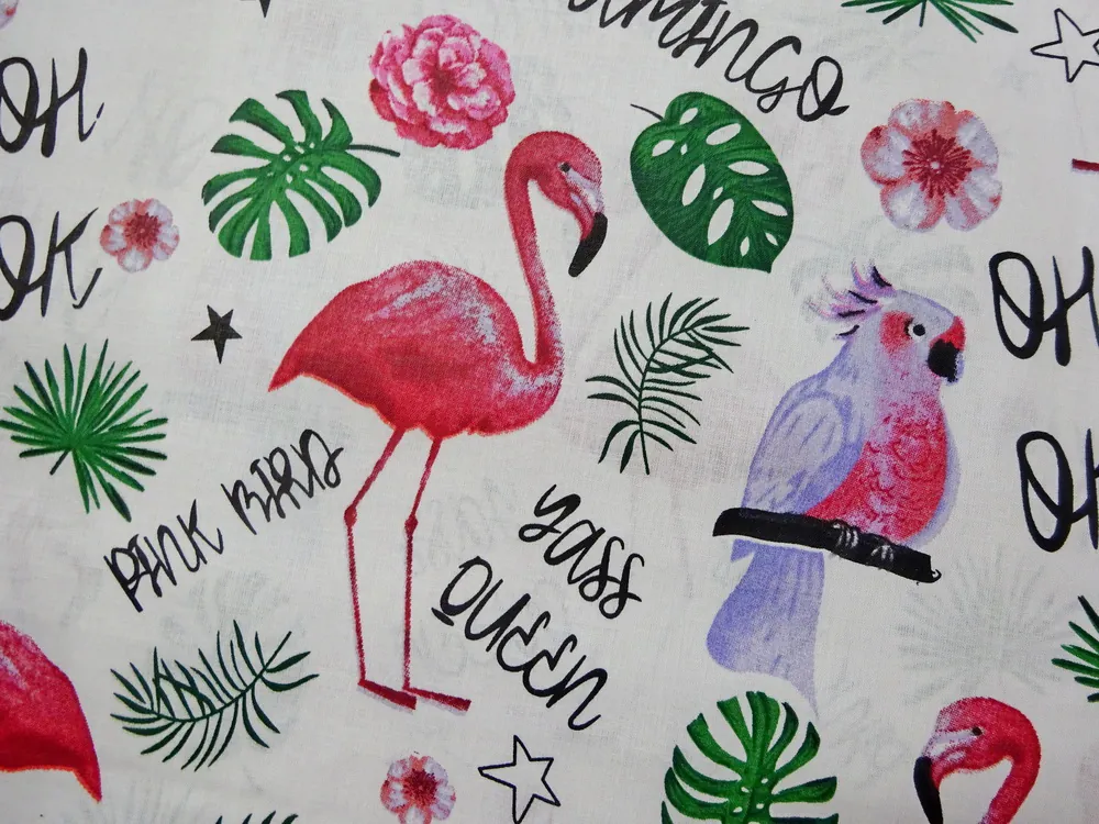 Bavlna biela "plameniak, papagáj" 