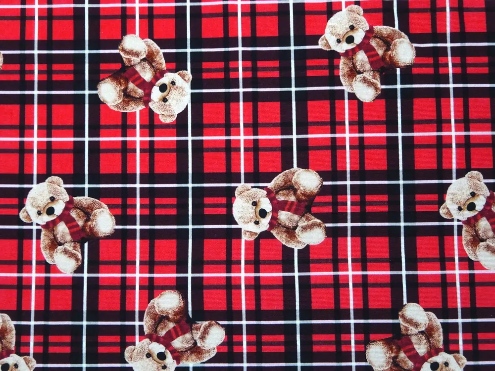 Teplákovina červená "macko, káro" 