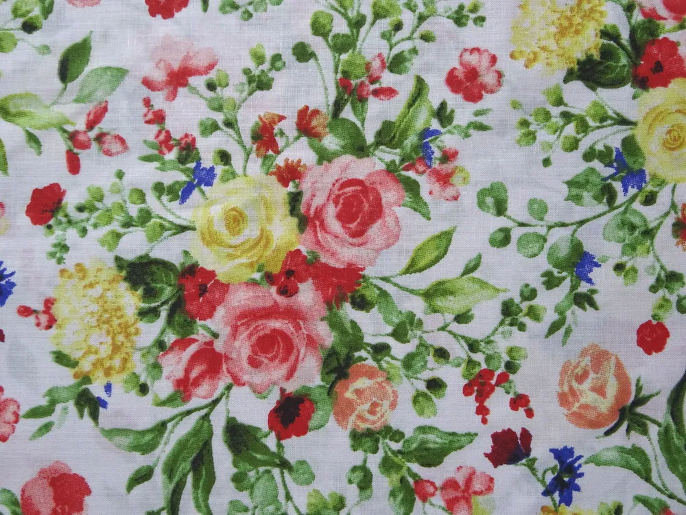 Bavlna biela "žlto-červená kytica kvetov" 