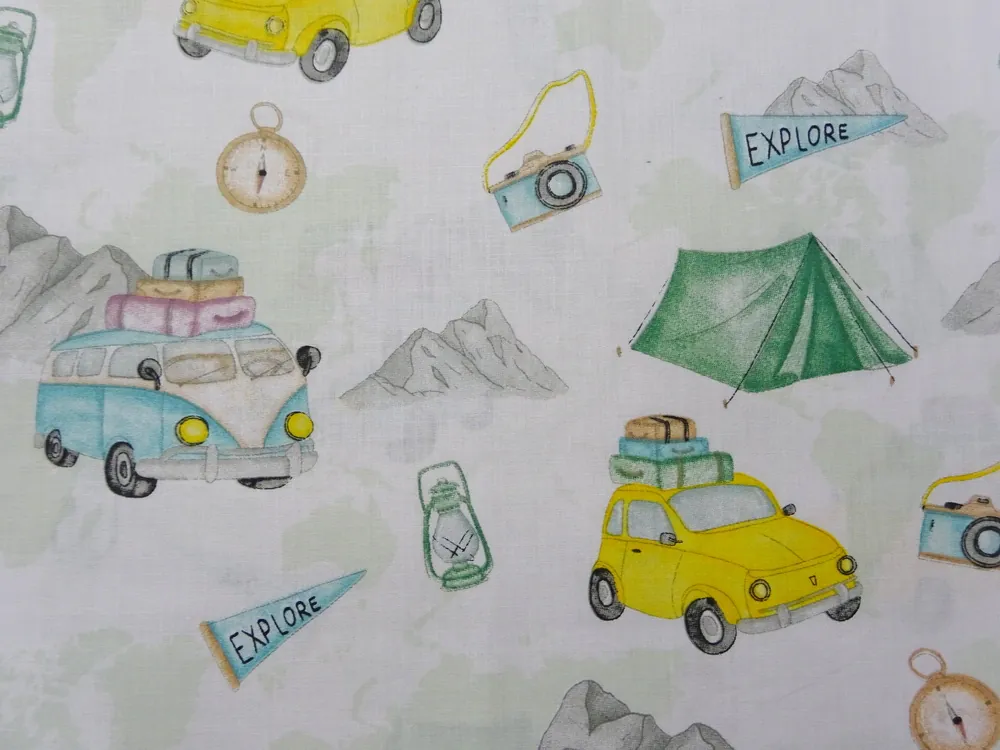 Bavlna bielo-zelenkavá "turistický motív" 
