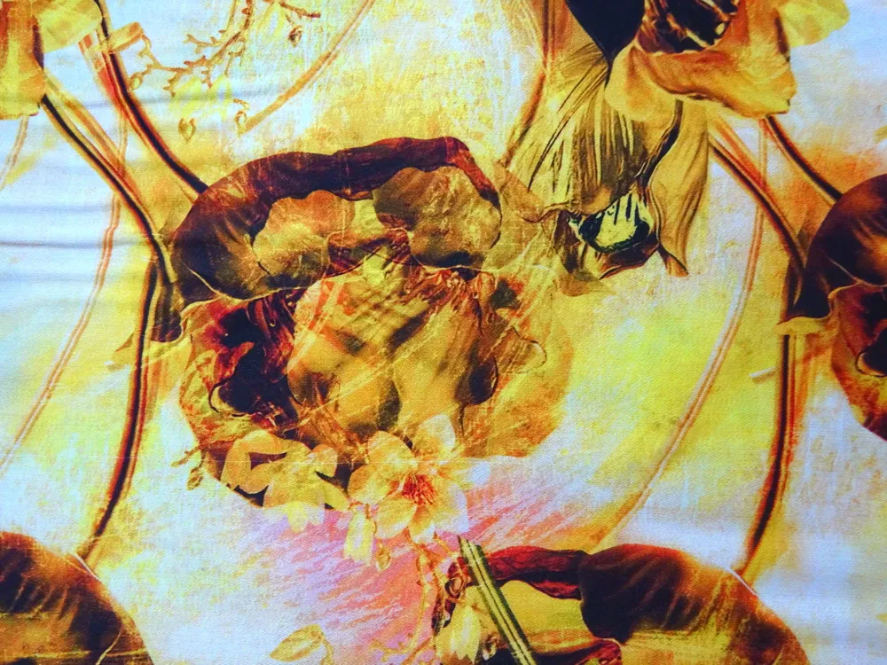 Šatovka s hodvábom a bavlnou žlto-pomarančová "kvety" 