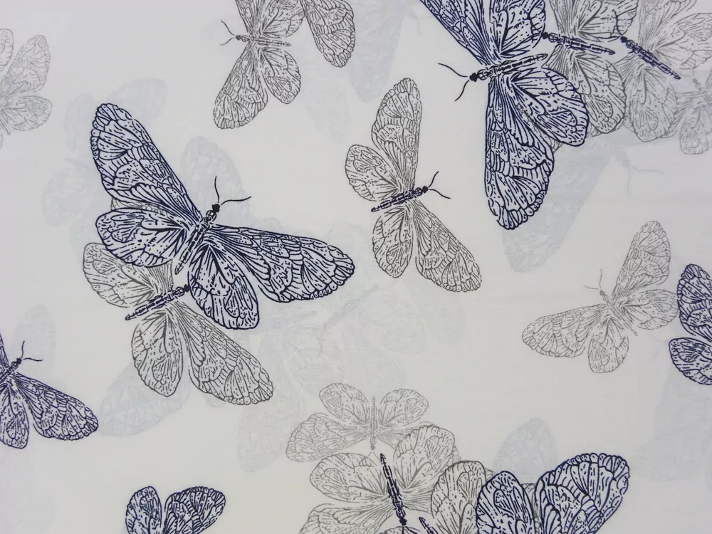 Šifón smotanový "sivý a modrý motýľ"