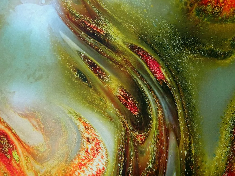 Hodváb zelený "pomarančovo-červený vzor" 