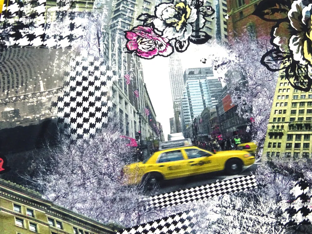 Úplet farebný "taxi, budova, kvet"