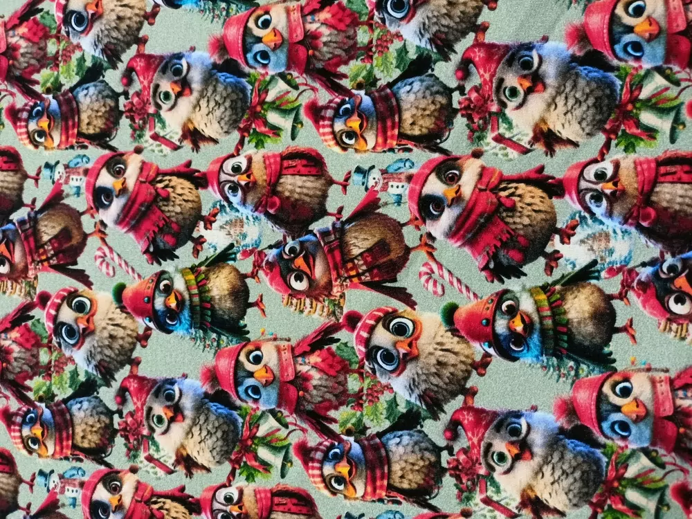 Teplákovina šedo-zelená "vianoční vtáčikovia, stromčeky"