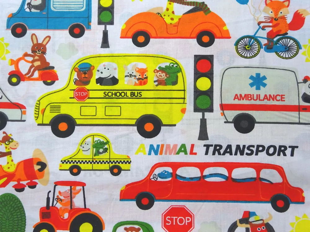 Bavlna biela "zvieratká, dopravné prostriedky" 