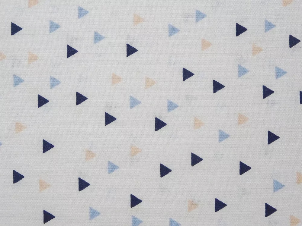 Bavlna biela "marhuľový a modrý trojuholník" 