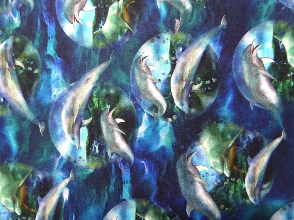 Bavlna zeleno-modrá "delfín" - Amerika 