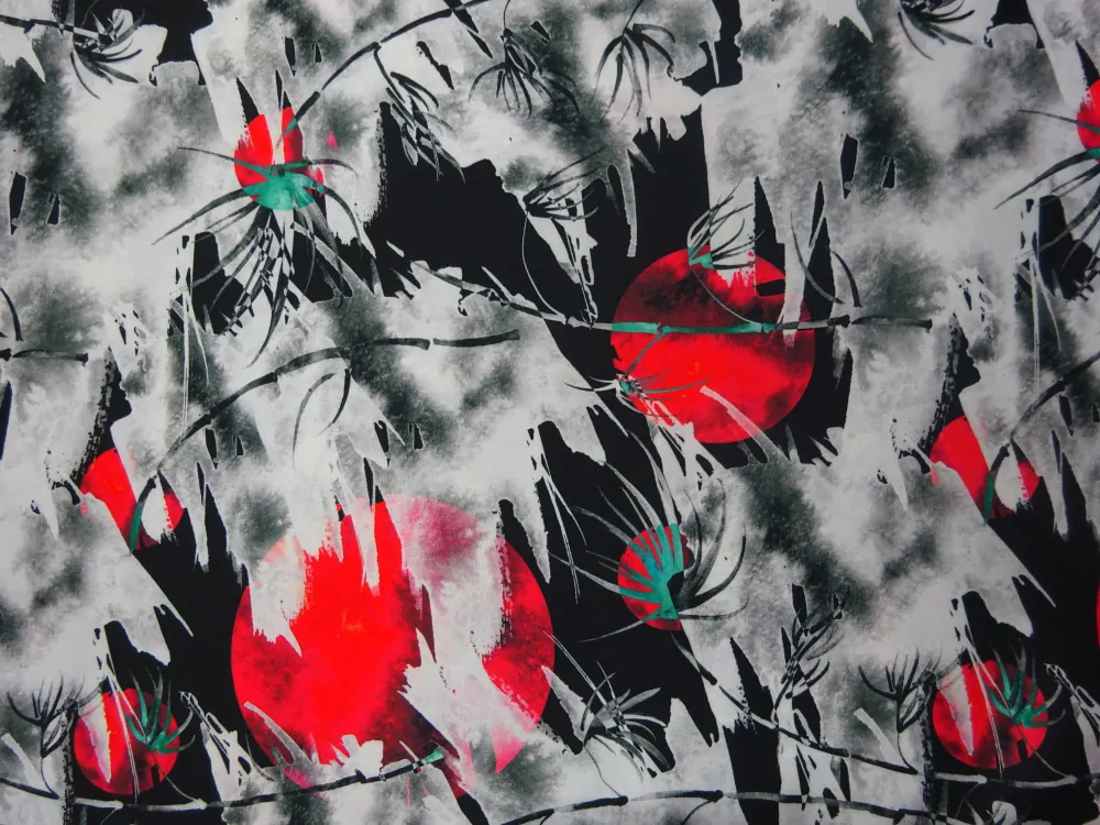 Satén Silky s hodvábom čierny "bielo-červený vzor" 