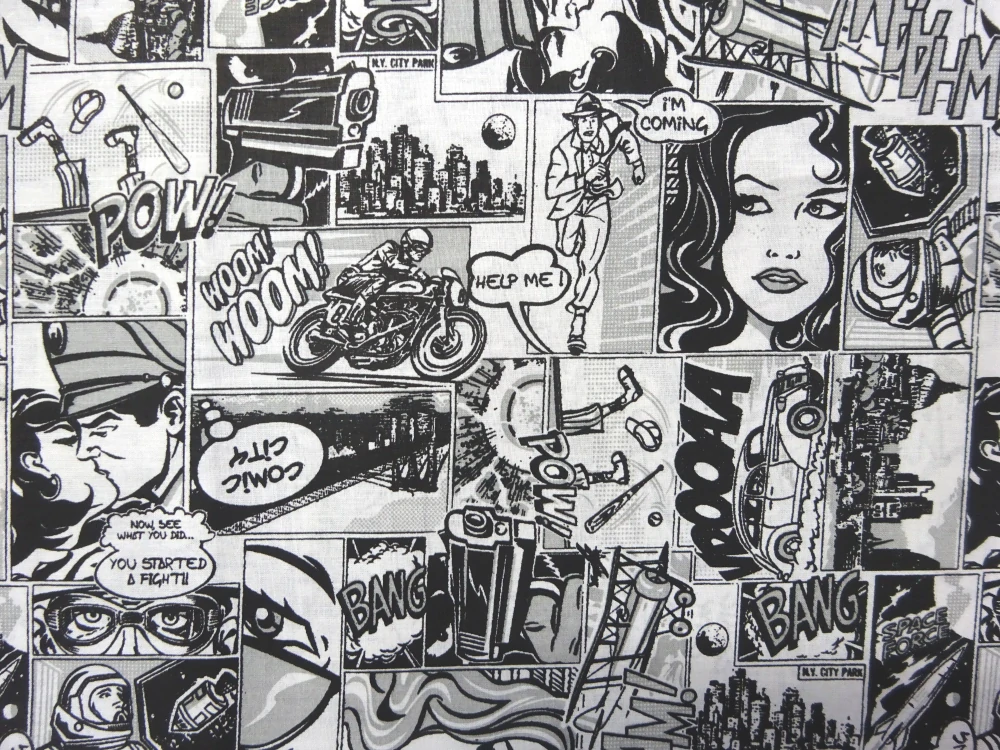 Bavlna biela "čierny komiks" 