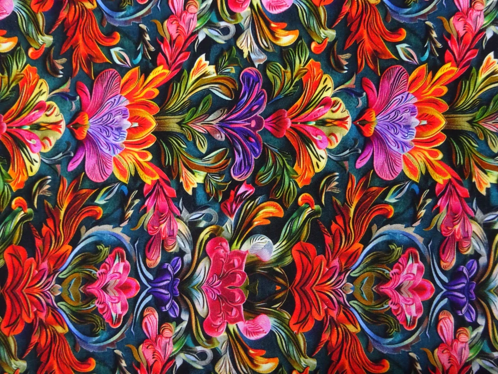 Teplákovina modro-smaragdová "kvety" - digitálna tlač 